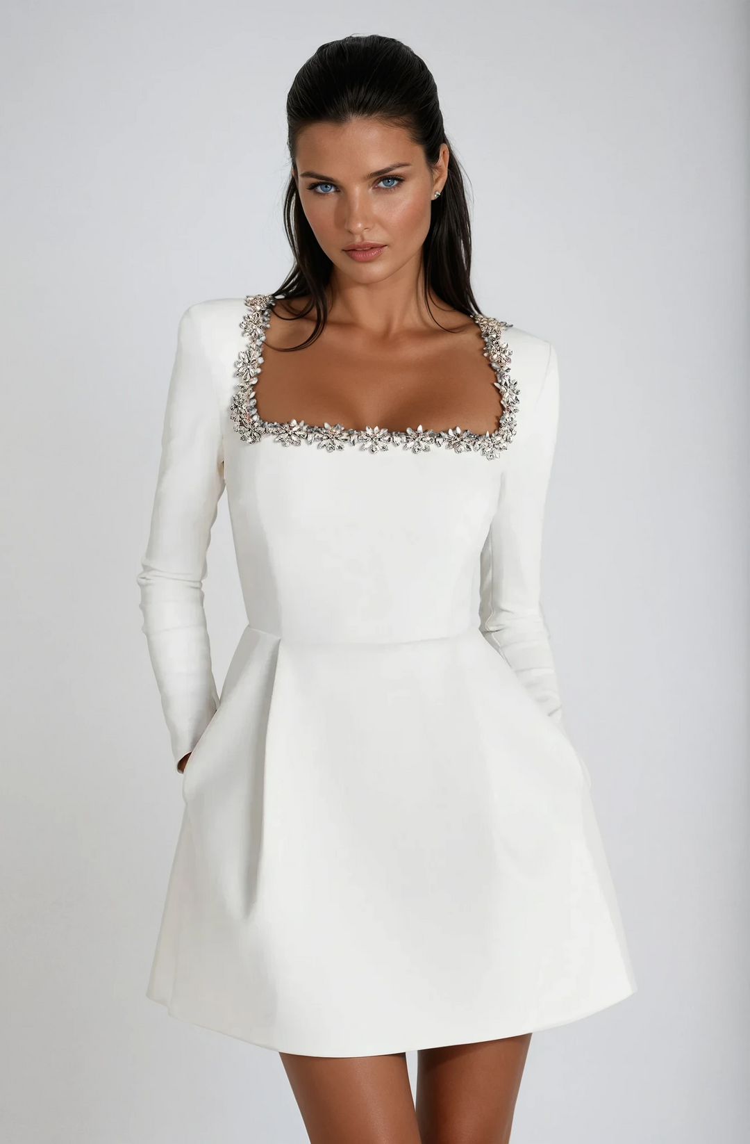 Formal long sleeve mini cocktail dress for women, great for evening parties & special occasions.