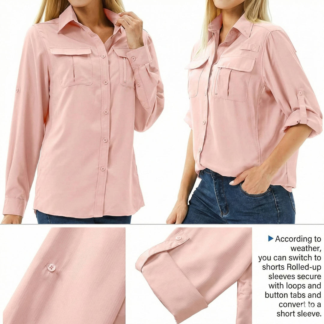 Quick-dry women's UV protection long sleeve shirt, ideal for sun protection during fishing or safari.