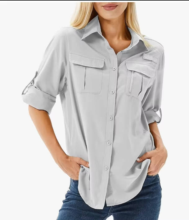 Women's long sleeve outdoor shirt with roll-up sleeves, versatile for hiking, fishing, and adventure.
