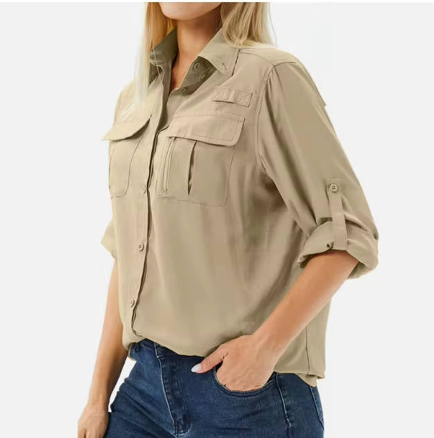 Back view of a breathable women's long sleeve outdoor shirt, offering superior UV protection.