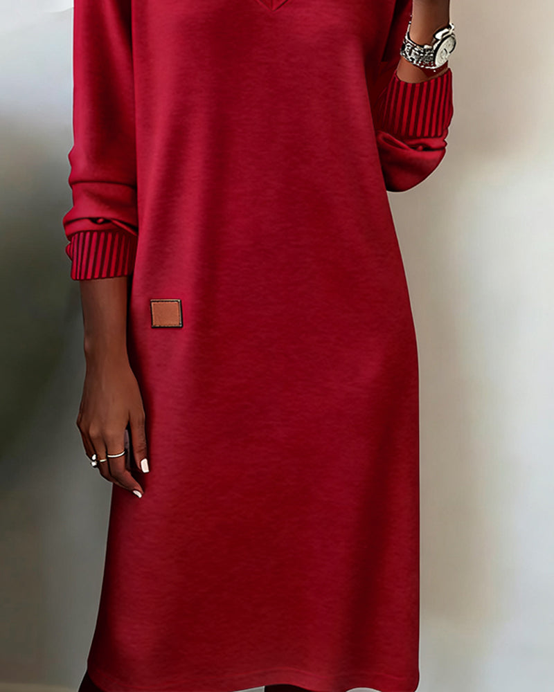 Stylish khaki long sleeve V-neck midi dress for women. Great for office, casual, or elegant fall fashion.