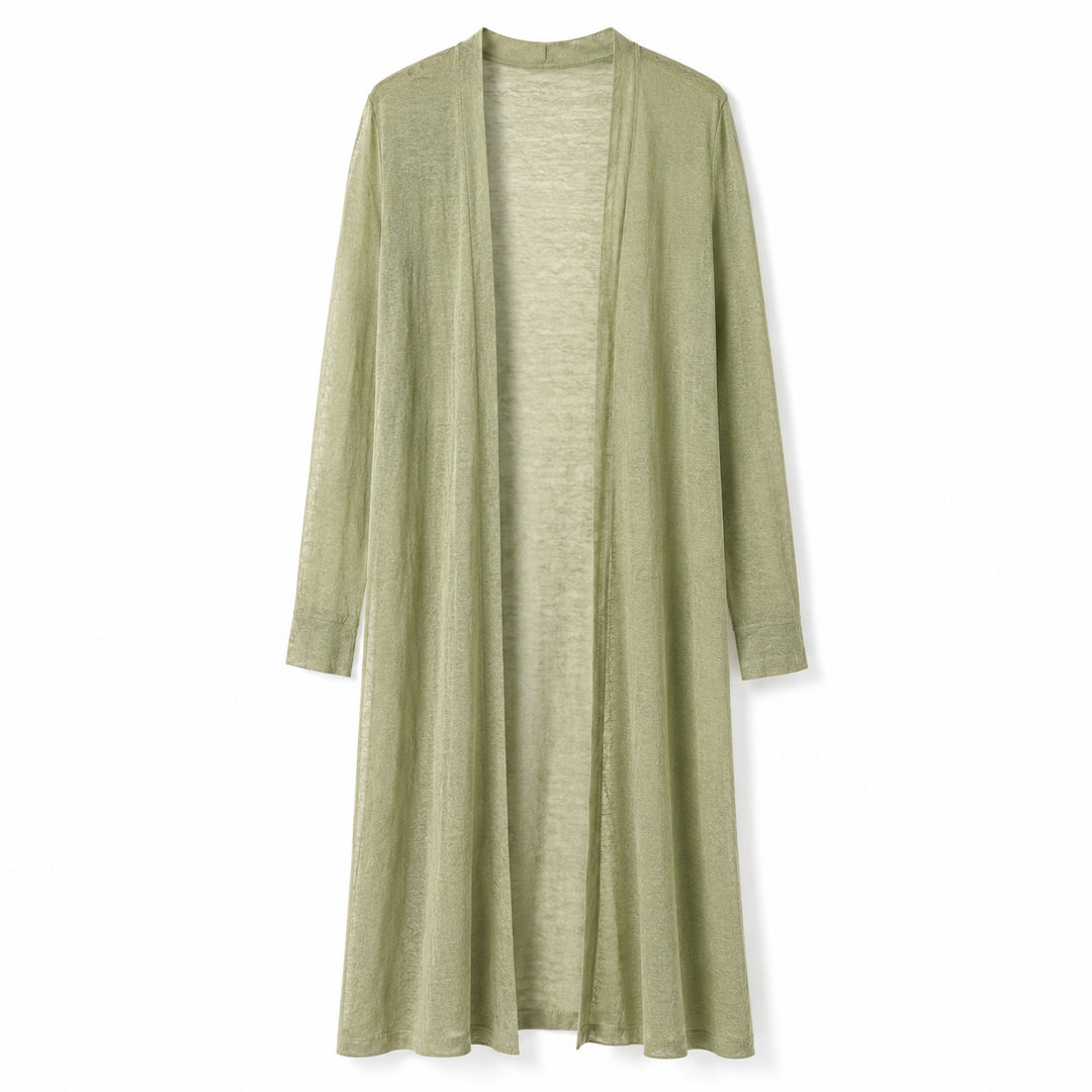 Comfortable & warm women's long knit cardigan, ideal for relaxed layering in cool weather & cozy style.