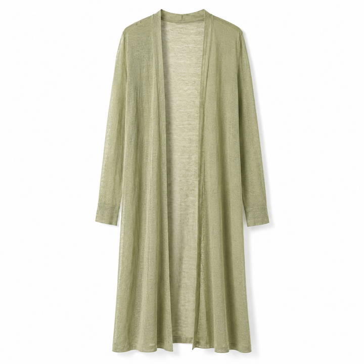 Comfortable & warm women's long knit cardigan, ideal for relaxed layering in cool weather & cozy style.