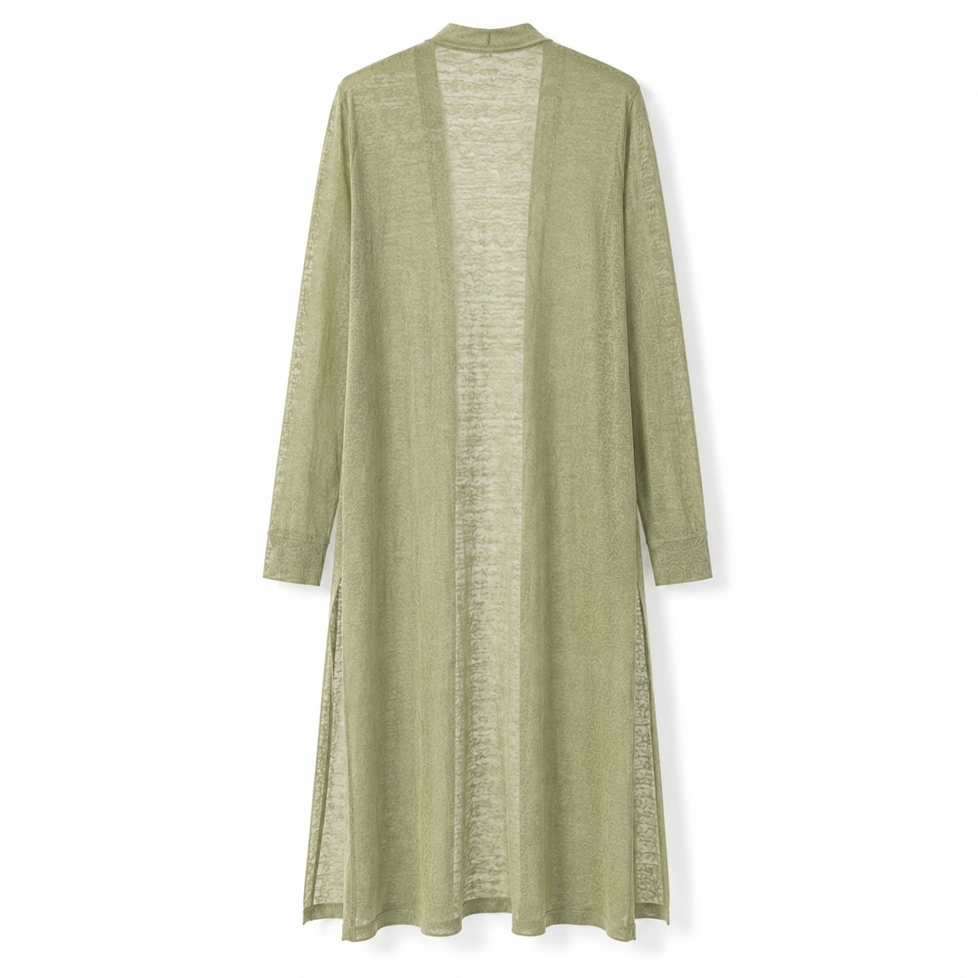 Close-up of the textured knit of a women's long warm cardigan, perfect for cozy and stylish layering.