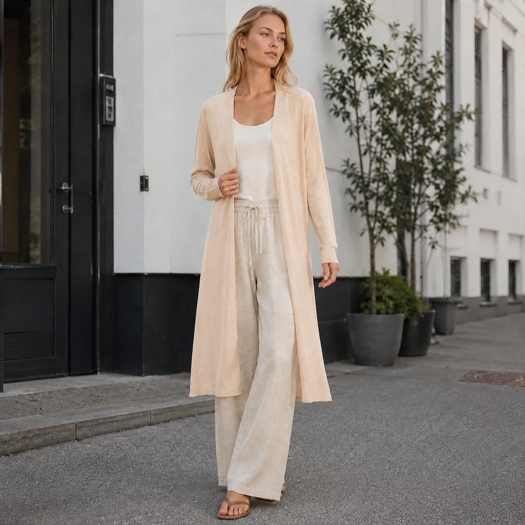 Stylish women's long knit cardigan. Essential fall fashion outerwear for a chic & warm layered look.