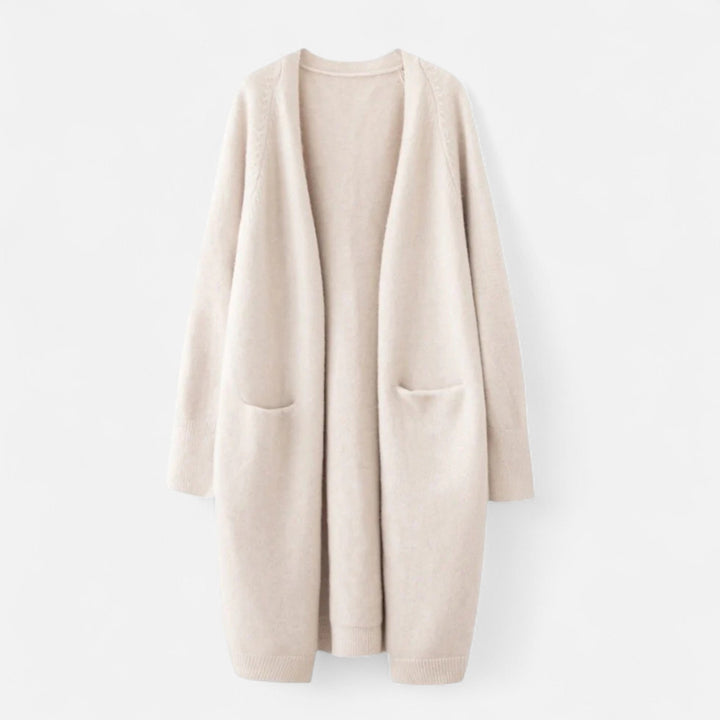 Women's longline open front cardigan coat in a versatile solid color, perfect for elegant layering. Features cozy front pockets.