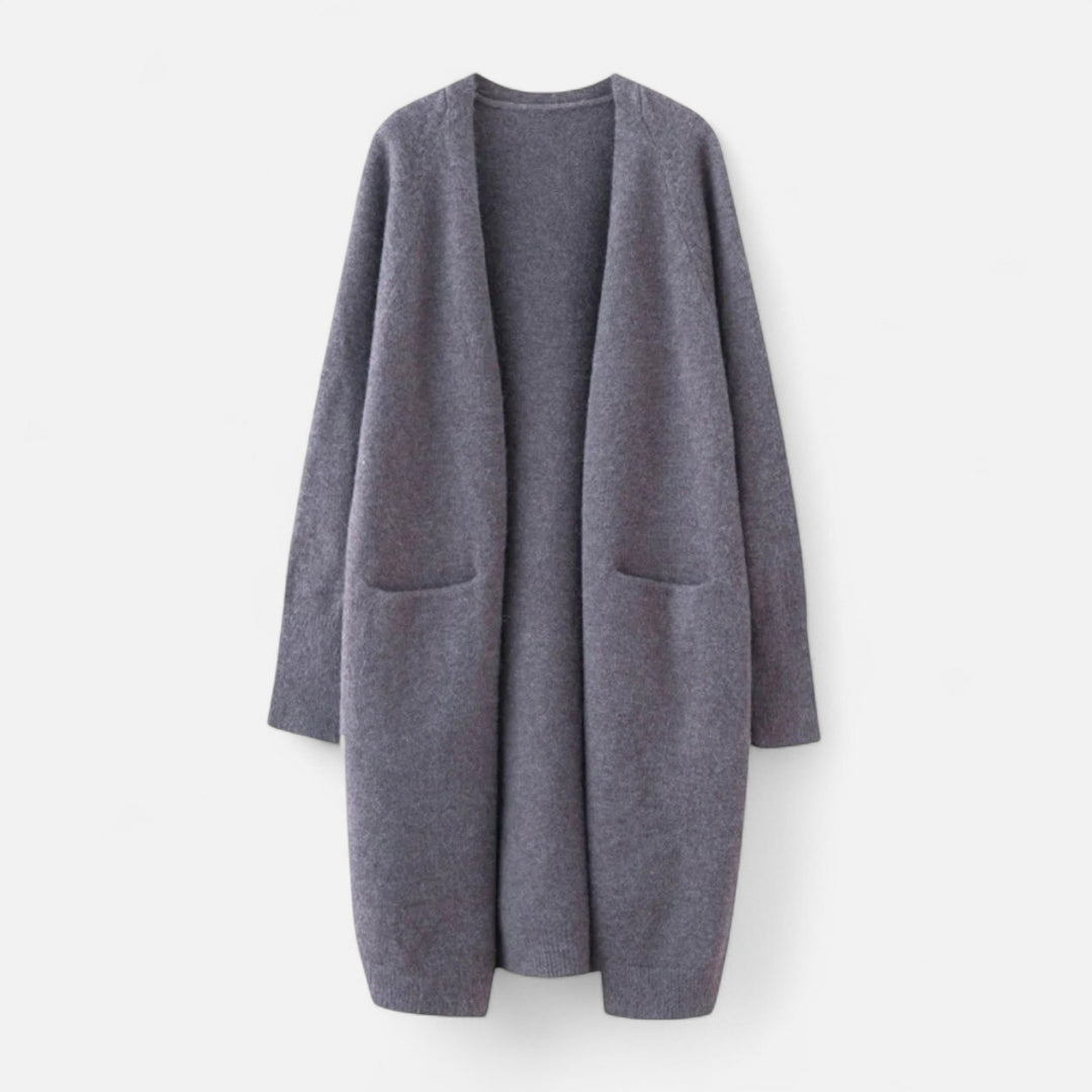 Elegant women's longline open front cardigan coat with practical front pockets, designed for stylish winter wear.