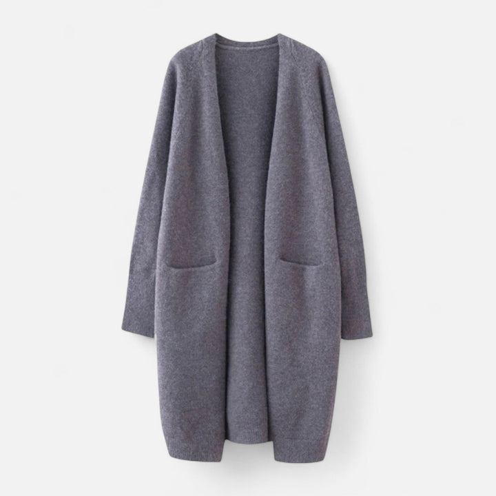 Elegant women's longline open front cardigan coat with practical front pockets, designed for stylish winter wear.