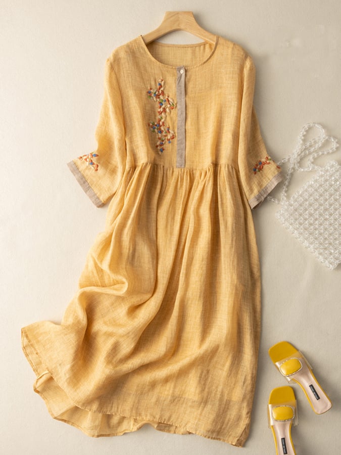 Women's loose fit embroidered boho midi dress, perfect for stylish summer casual wear.