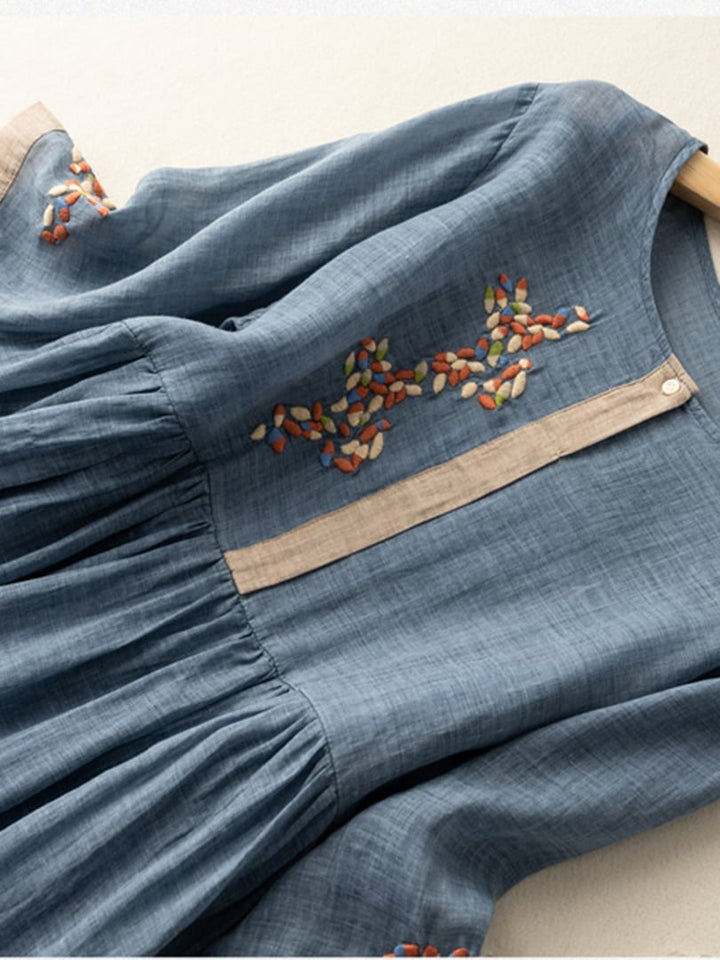 Embroidered boho midi dress for women, loose, comfortable, and stylish for everyday summer wear.