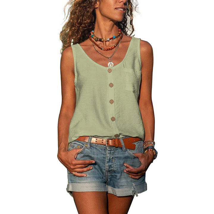 Soft women's sleeveless blouse with a loose fit, offering comfortable everyday style for spring and summer.
