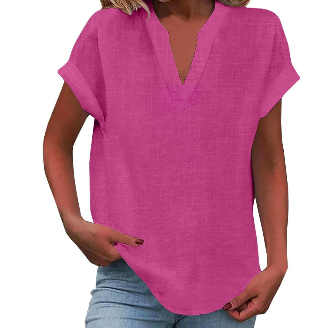 Stylish everyday women's V-neck top, loose fit & short sleeve for ultimate summer comfort and versatility.