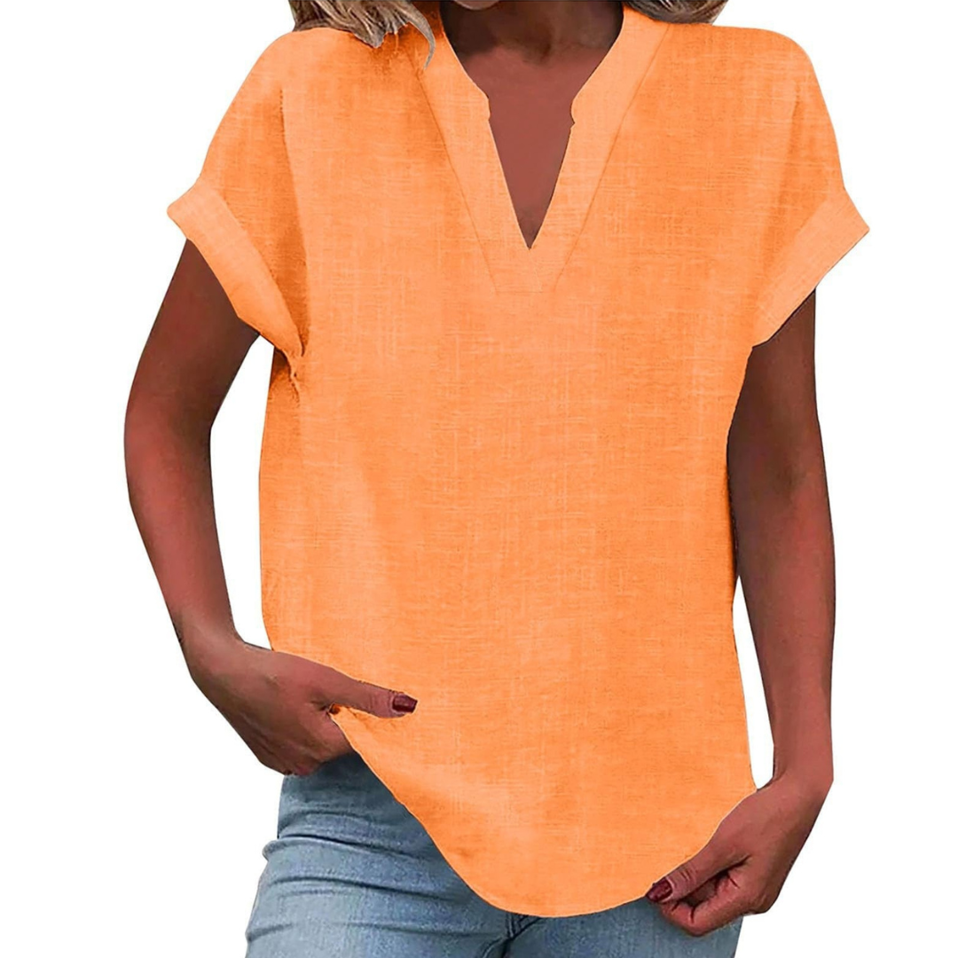 Elegant women's loose fit V-neck blouse, a stylish short sleeve top perfect for summer & casual occasions.