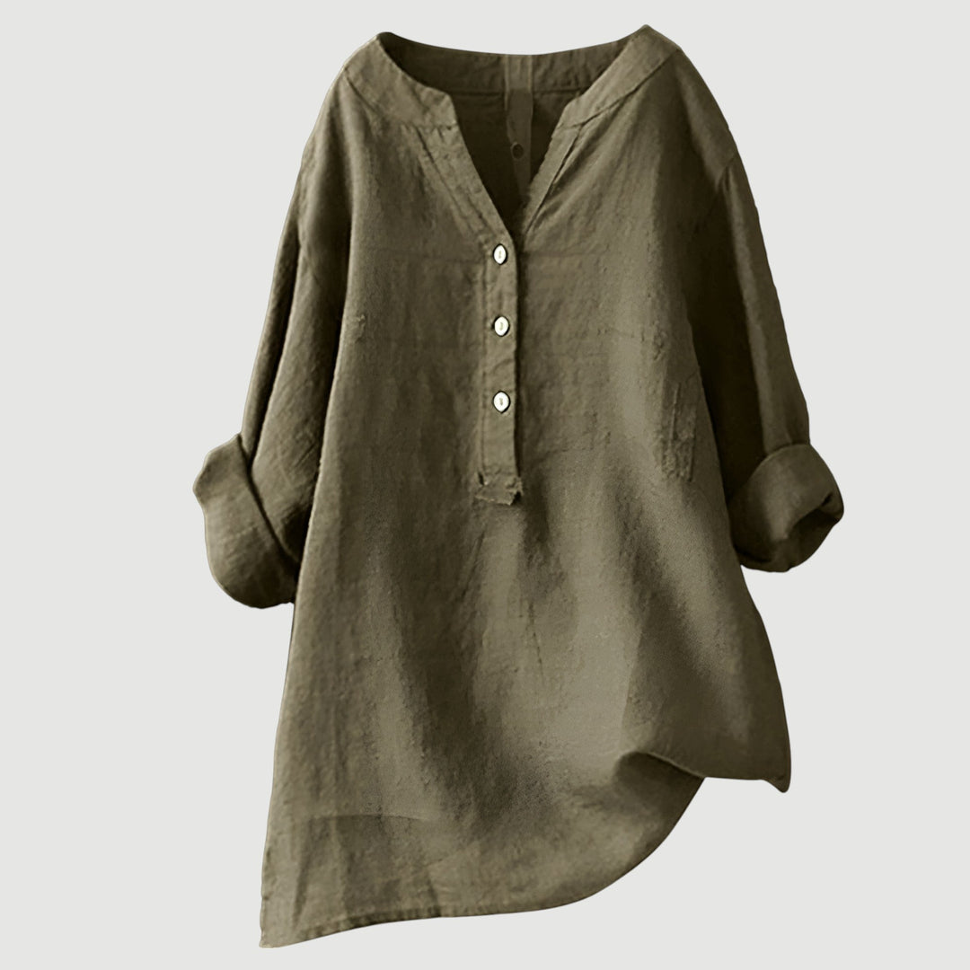 Women's versatile loose fit v-neck blouse with rolled sleeves. A chic button-up top for spring & summer.