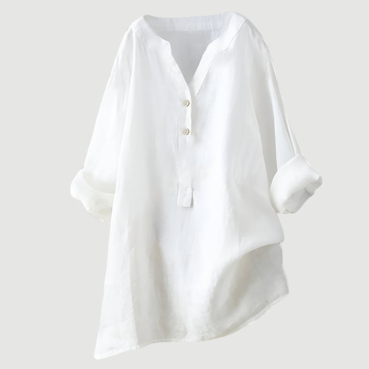 Stylish women's loose fit v-neck top with rolled sleeves. A chic button-up blouse for effortless fashion.
