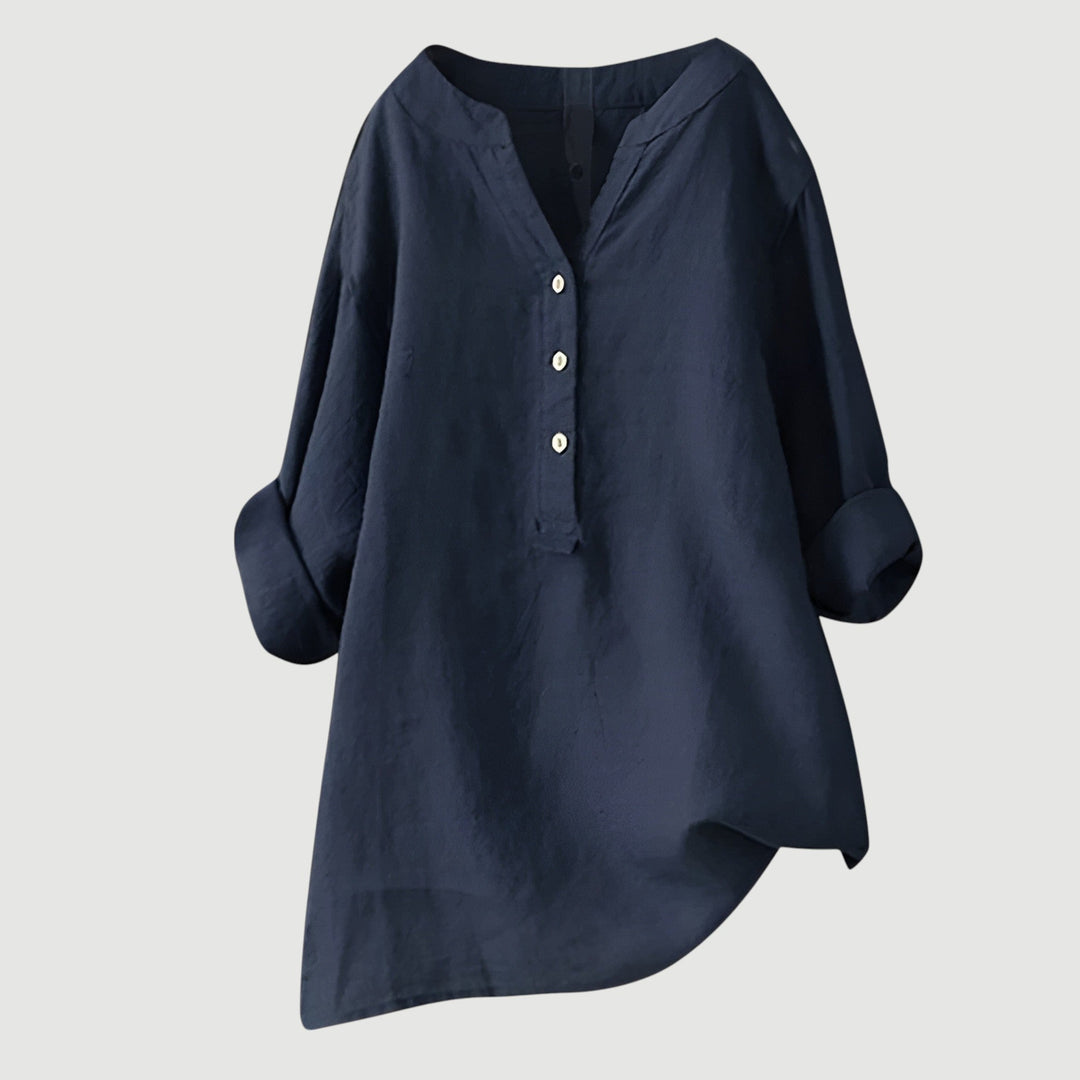 Elegant women's v-neck blouse, loose fit with rolled sleeves. Perfect for spring/summer casual chic outfits.
