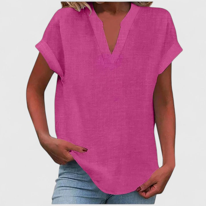 Versatile women's casual V-neck blouse, loose fit & cap sleeves for spring and summer.