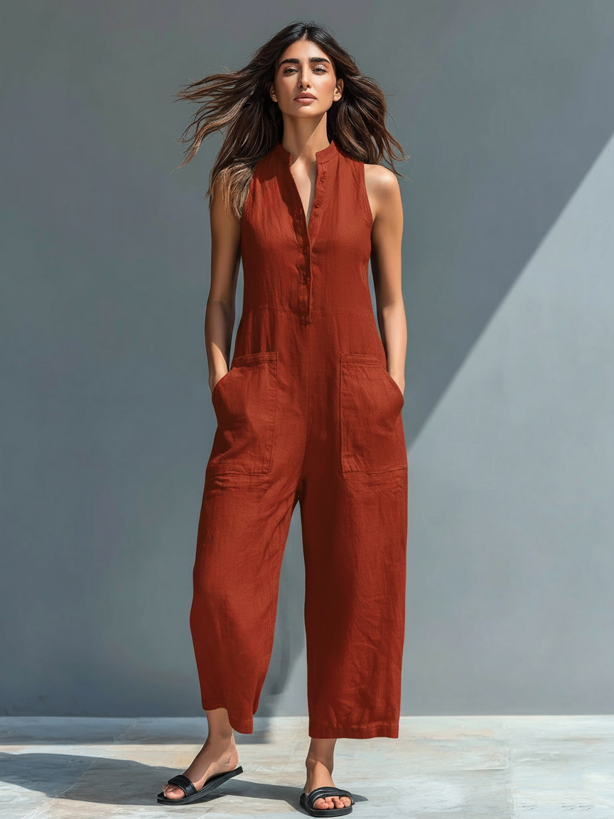 Flowy women's sleeveless jumpsuit with stand collar & button front. Loose fit for relaxed spring/summer style.