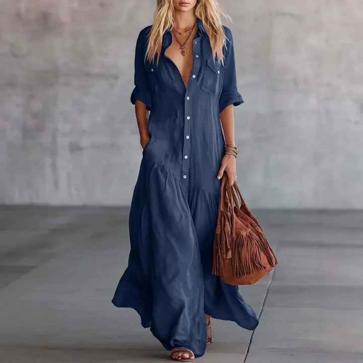 Women's loose tiered button-down maxi dress. Casual summer wear, relaxed fit & perfect for travel.