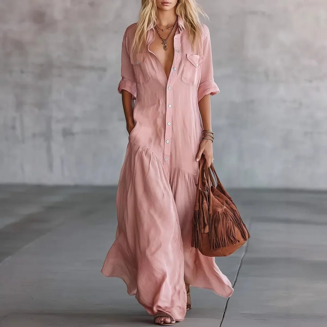Relaxed fit women's button-down tiered maxi dress. Flowy design for casual wear, summer days & travel.