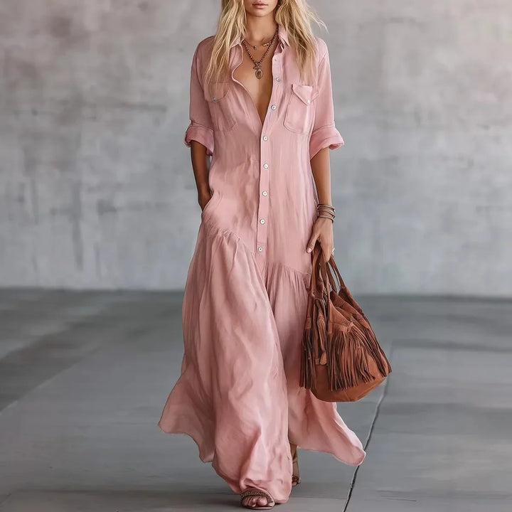 Relaxed fit women's button-down tiered maxi dress. Flowy design for casual wear, summer days & travel.