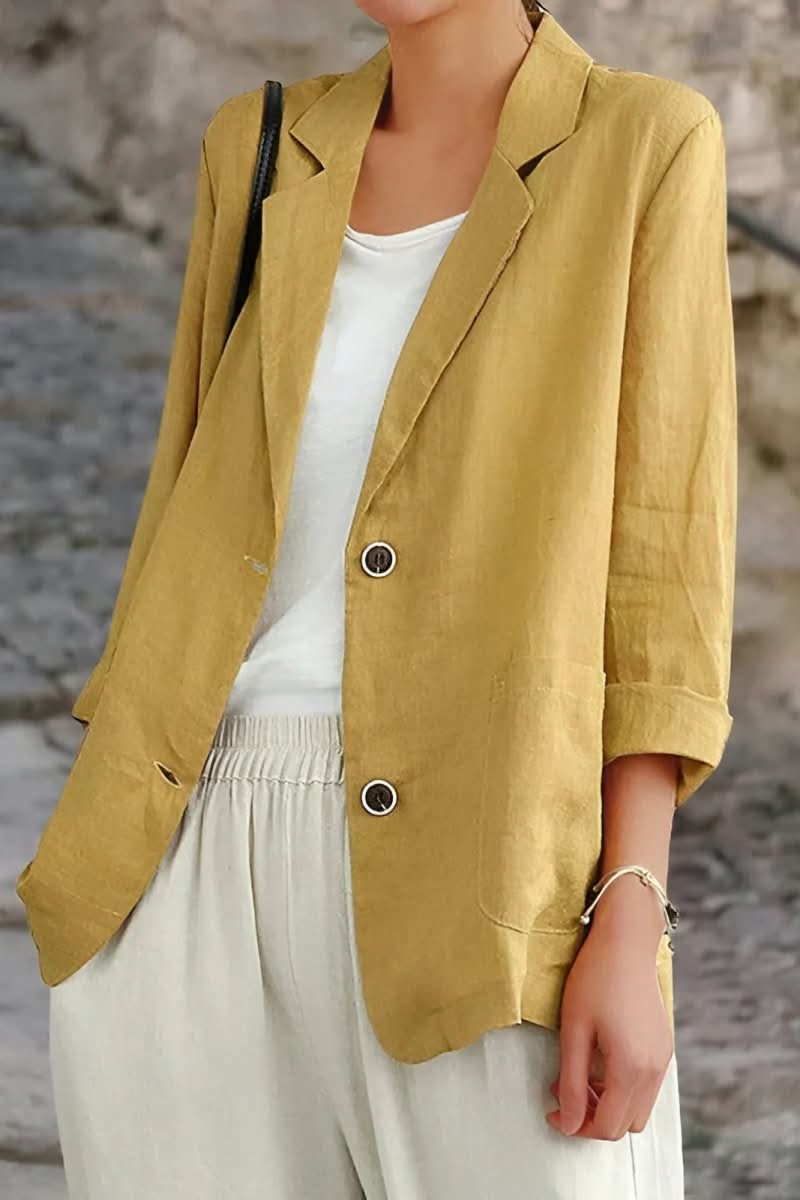 Stylish women's open back jacket. Elegant outerwear, versatile for office wear, professional settings, or fashion events.