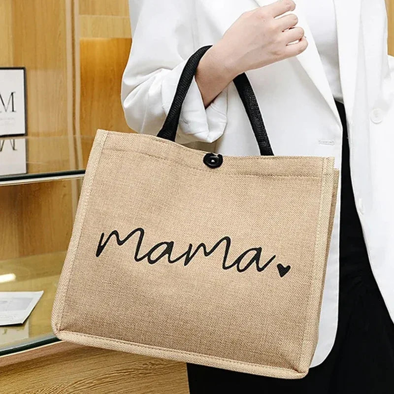 Women's 'Mama' linen blend tote bag with letter print, perfect for moms, reusable shoulder bag