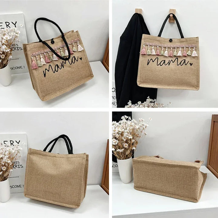 Floral print linen blend 'Mama' tote bag for women, stylish and reusable shoulder bag