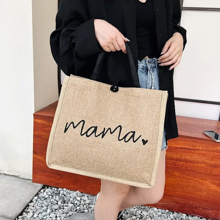 Women's 'Mama' letter print tote bag in natural linen blend, durable and casual mom gift