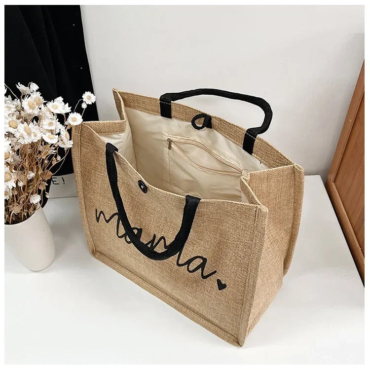 Linen blend 'Mama' shoulder bag, cotton blend reusable tote for everyday use by women