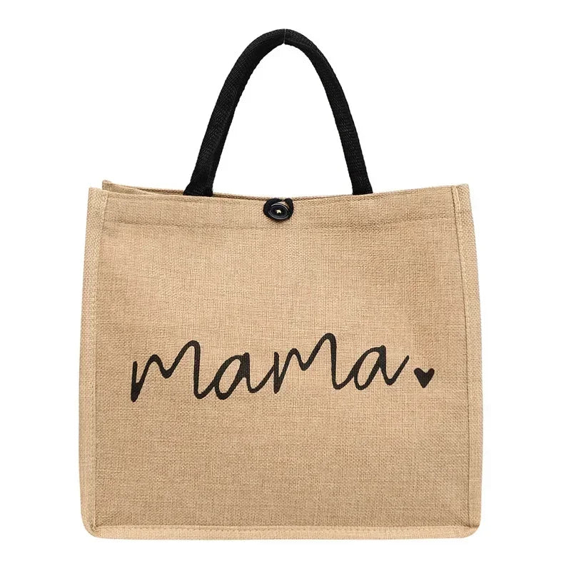 Casual 'Mama' letter print linen blend tote bag, a comfortable and stylish shoulder bag for women