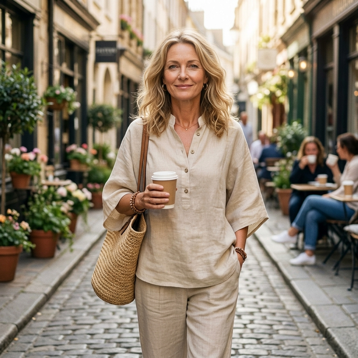 Full back view of relaxed women's two-piece resort wear set with kimono sleeves & wide leg pants.