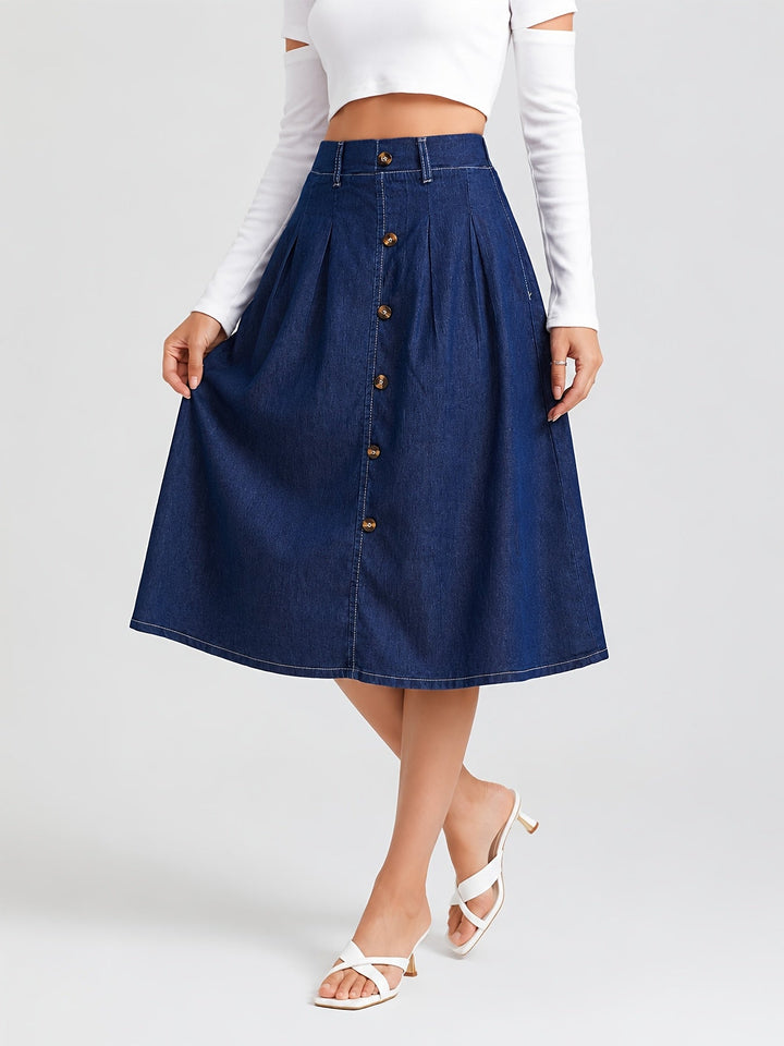 Women's medium blue A-line midi skirt with button front closure. Perfect for casual everyday fashion.
