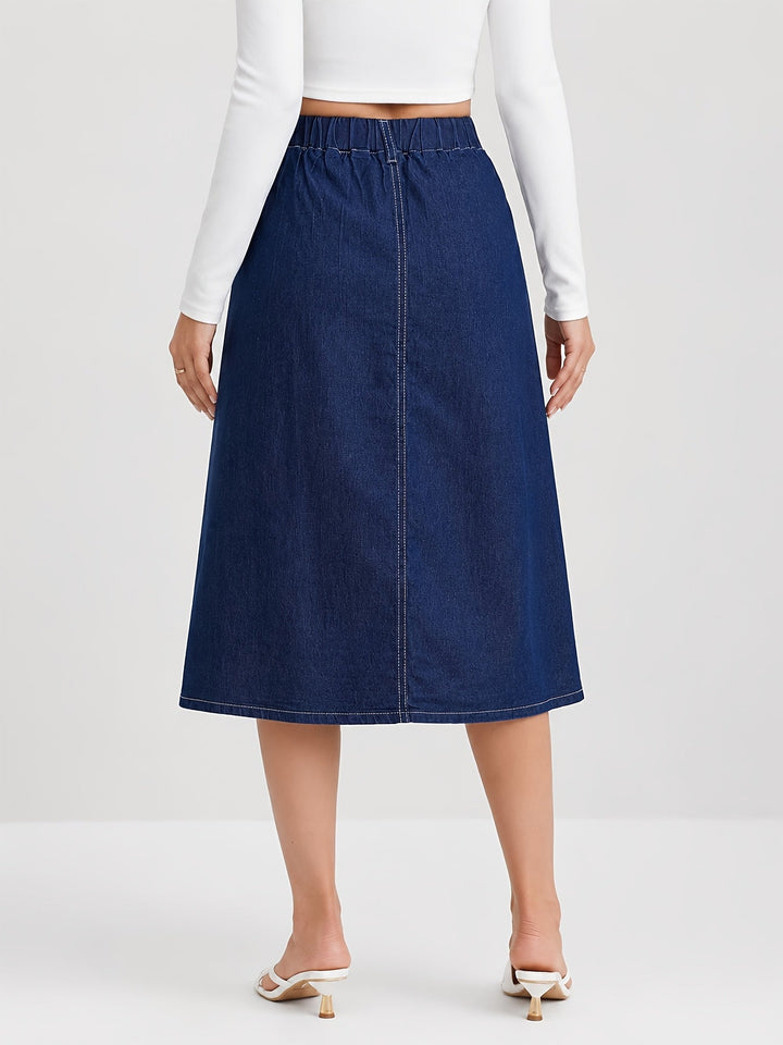 Versatile women's midi skirt in medium blue. A-line shape with button front closure, great for casual & classic looks.