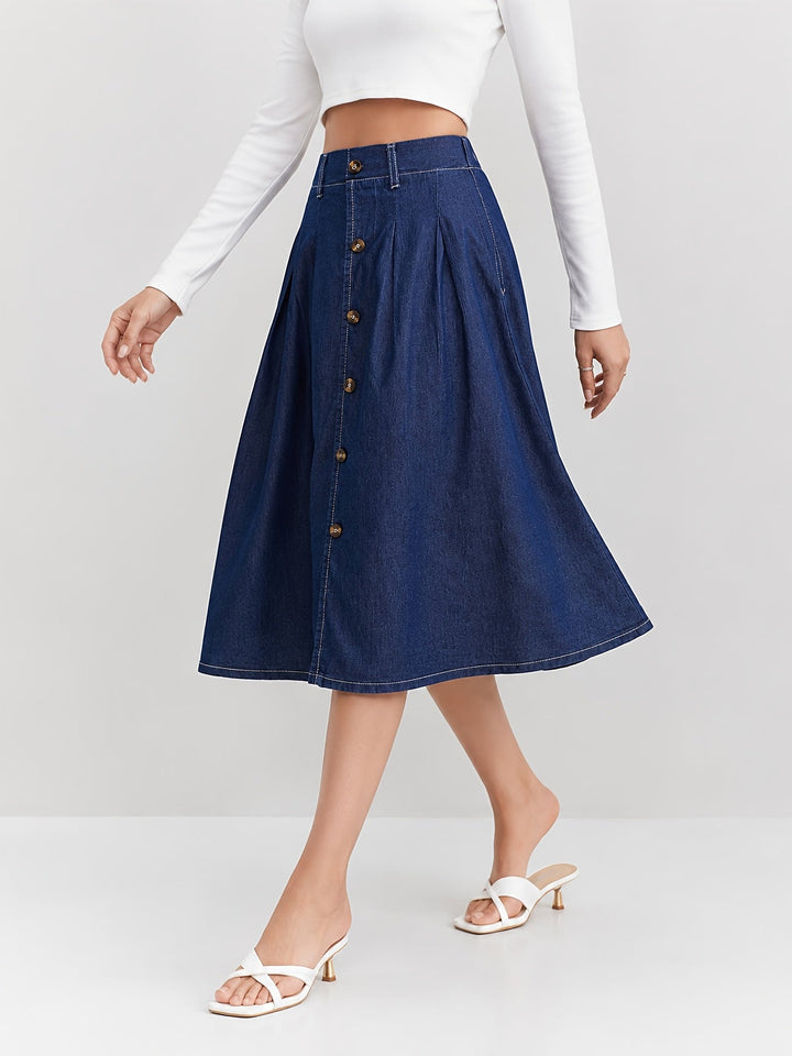 Classic medium blue A-line midi skirt for women. Button front detail makes it a stylish piece for everyday wear.