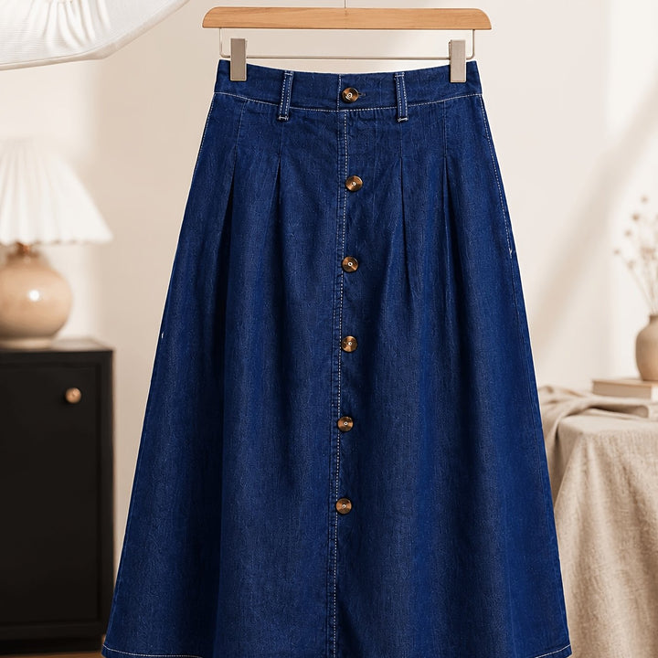 Elegant women's medium blue A-line midi skirt. Features a trendy button front & pleated design for versatile styling.