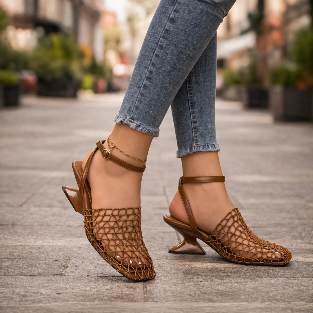 Women's Meshform pointed toe heels with elegant sculpted heel & ankle strap. Perfect for formal events.