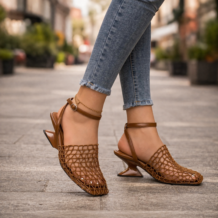 Women's Meshform pointed toe heels with elegant sculpted heel & ankle strap. Perfect for formal events.