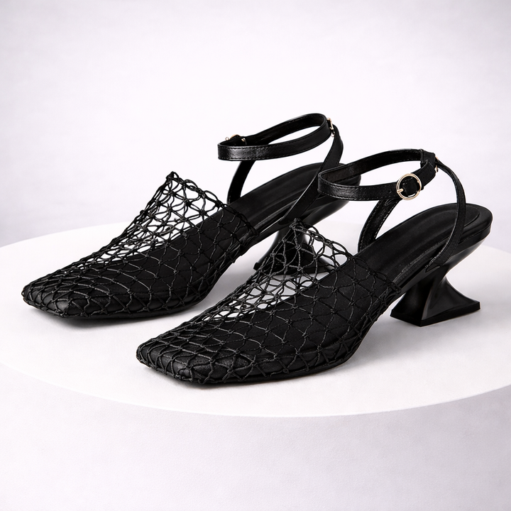 Elegant women's Meshform pointed toe heels, ideal evening shoes with sculpted heel & secure ankle strap.
