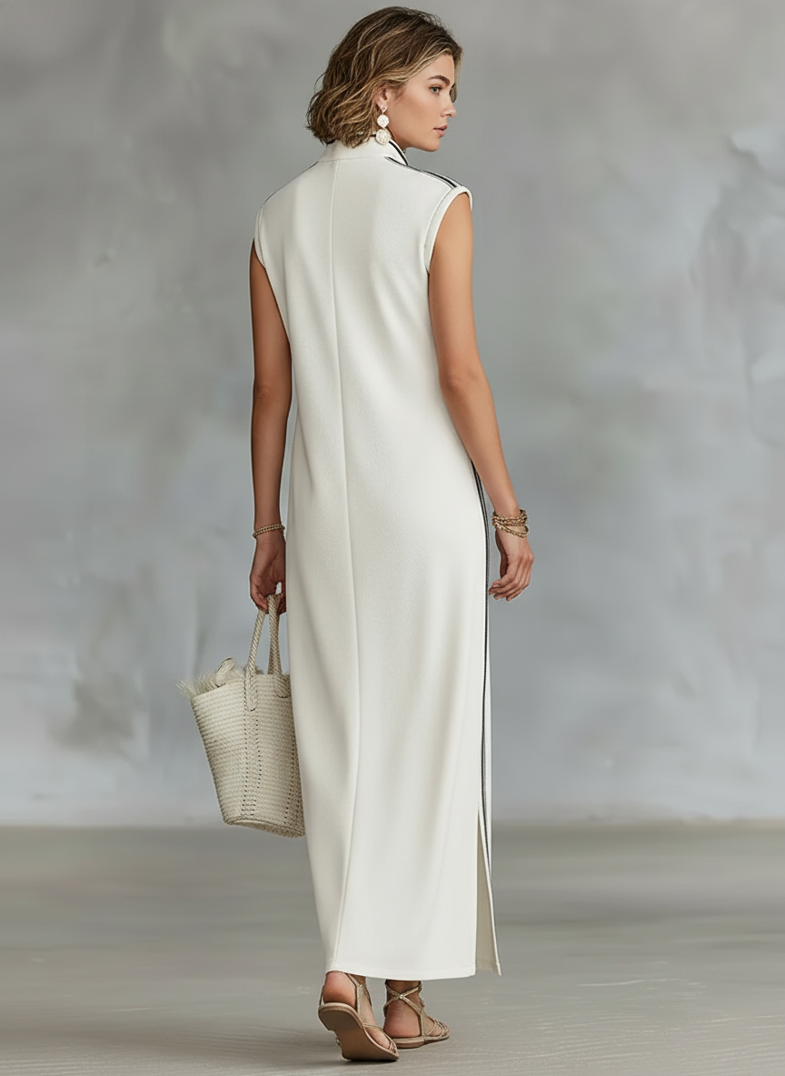 Chic women's sleeveless Henley maxi dress with minimalist athletic style for travel & everyday comfort.