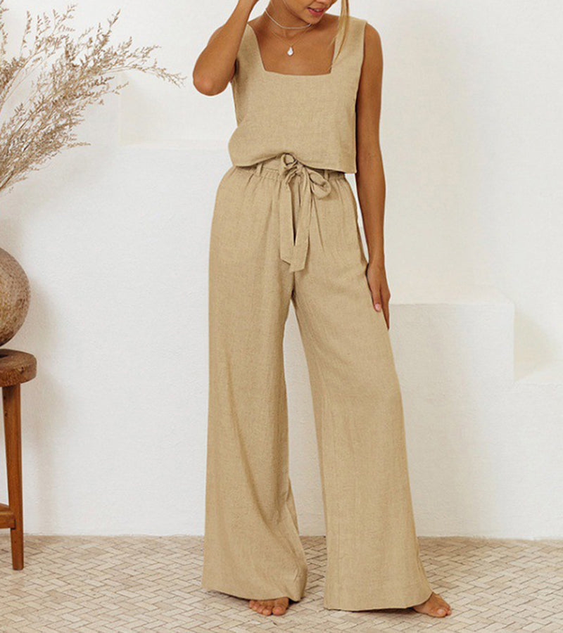Women's minimalist two-piece set featuring a square neck top & wide-leg pants for elegant casual wear.