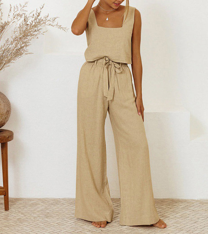 Women's minimalist two-piece set featuring a square neck top & wide-leg pants for elegant casual wear.