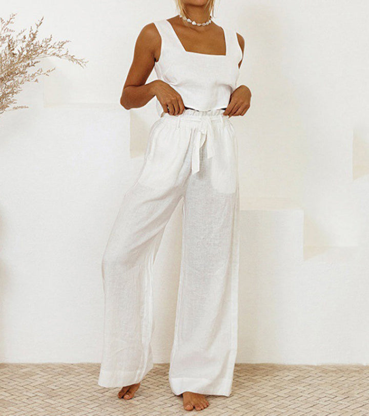 Stylish women's loungewear set: minimalist square neck top and comfortable wide-leg pants.