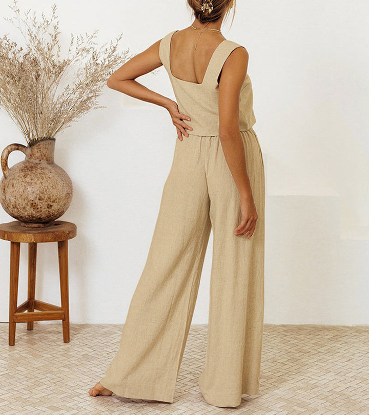 Modern women's fashion pants set with a chic square neck top and flowy wide-leg pants.