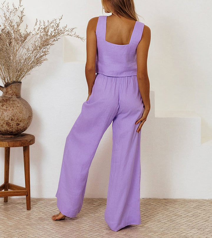 Women's square neck minimalist top paired with comfortable wide-leg pants, a stylish two-piece set.