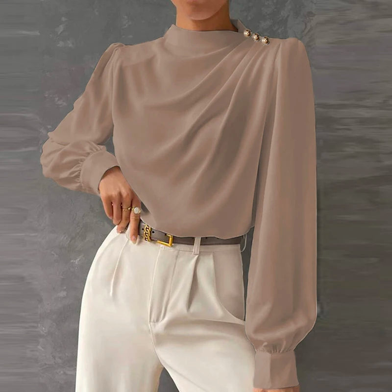 Women's mock neck long sleeve blouse with elegant ruching & gold buttons, perfect for office or evening wear.