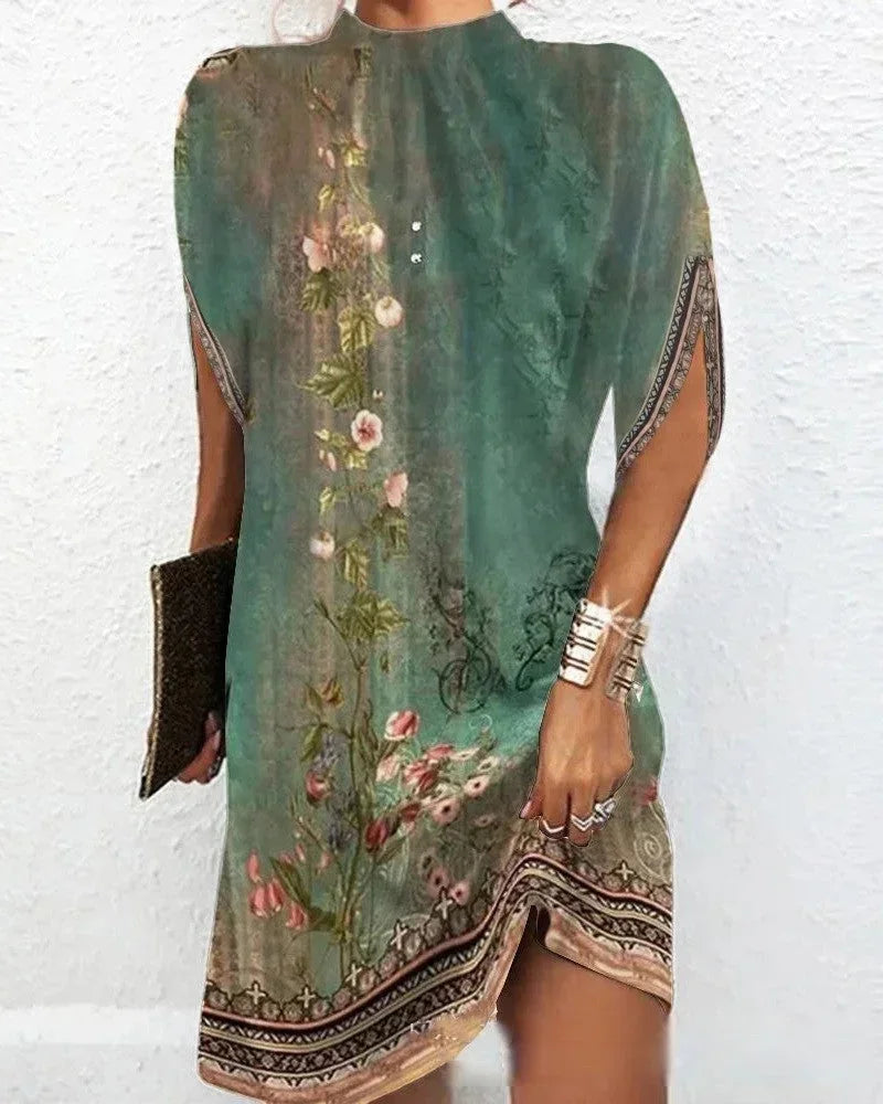 Modern women's versatile mini dress; mock neck & cape sleeves, perfect for chic casual or party wear.