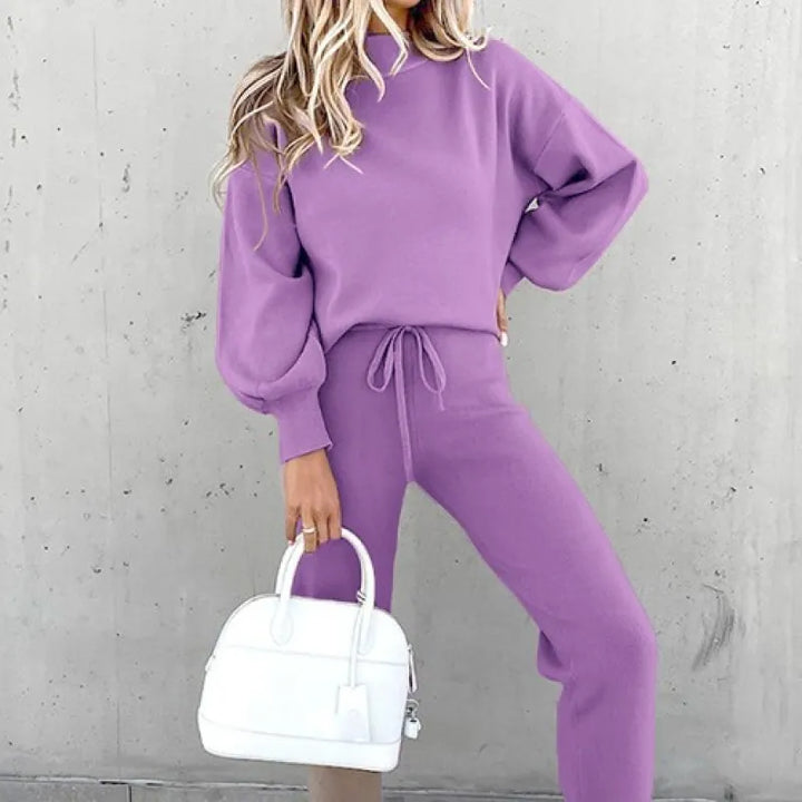 Women's mock neck two-piece loungewear set with balloon sleeves & drawstring pants, comfortable & stylish.