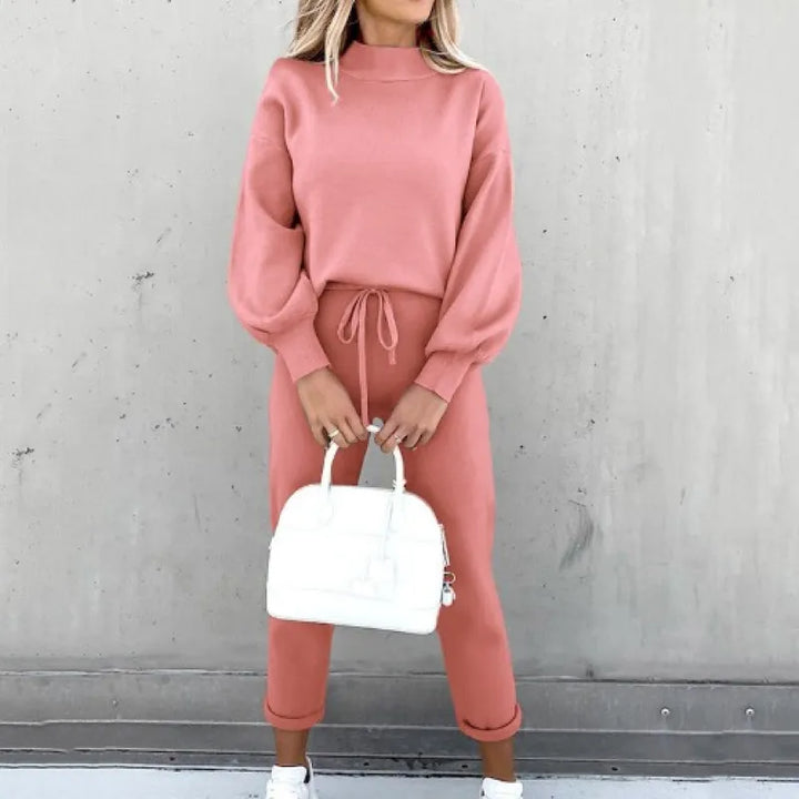 Women's mock neck two-piece set, soft loungewear with balloon sleeves & drawstring pants for comfort.