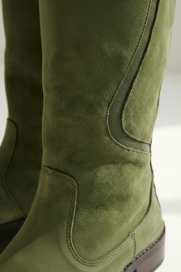 Detail of stable sole on women's modern knee-high boots, engineered for comfort, grip & versatile wear.